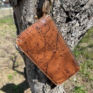 Patricia Nash St. Corce Wristlet – Rust Riot Leather with Map Print (Pre-Owned)